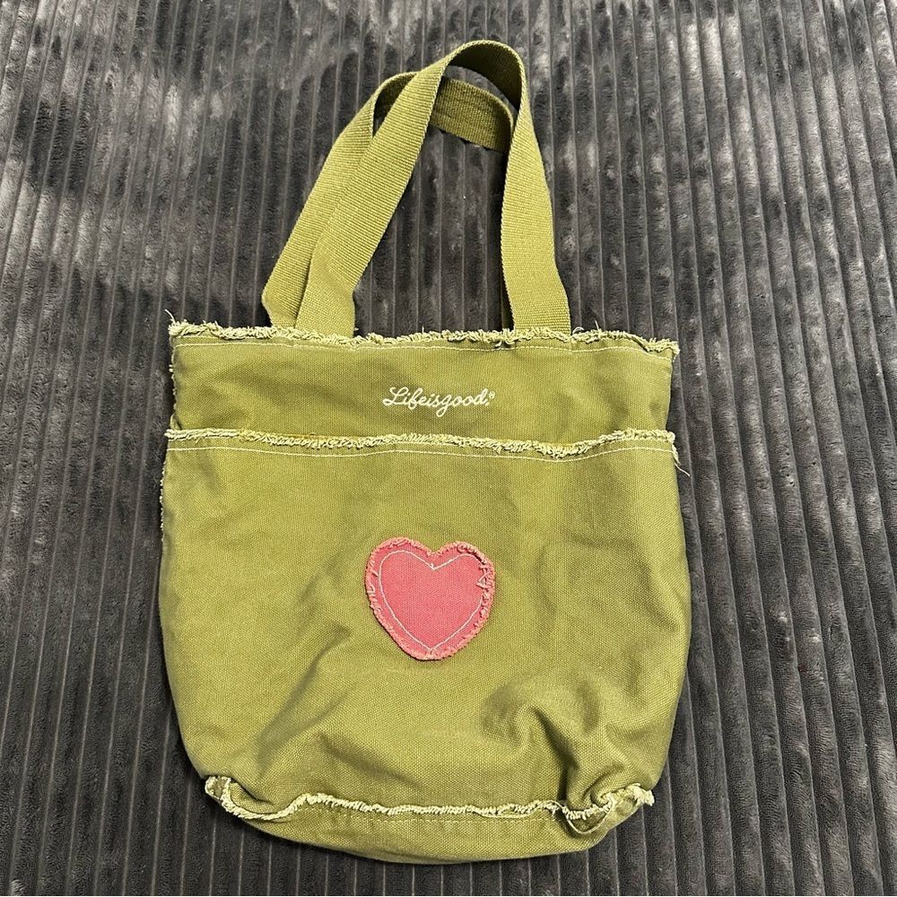 Life Is Good Canvas Tote Bag Frayed Edge W/ Heart Green